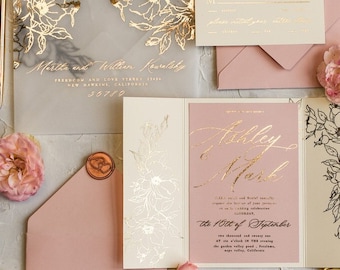 blush Pink Gold Wedding Invitations, Glamour Wedding Invites with rsvp, Wedding Invitation Suite Golden Foil, Modern Boho Wedding Cards set