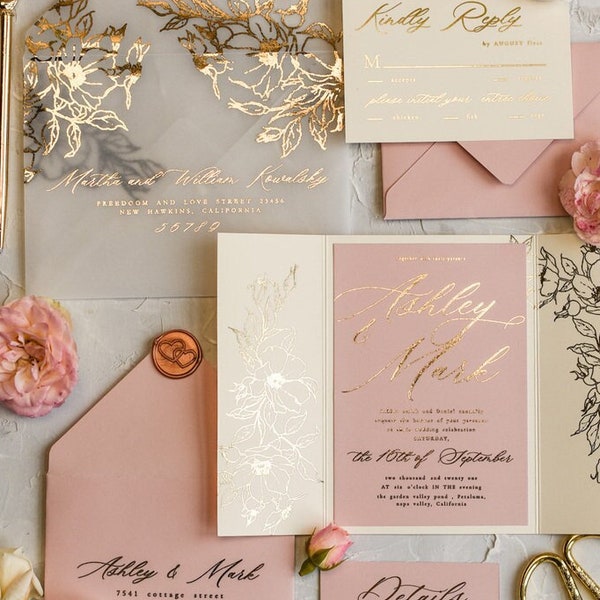 blush Pink Gold Wedding Invitations, Glamour Wedding Invites with rsvp, Wedding Invitation Suite Golden Foil, Modern Boho Wedding Cards set