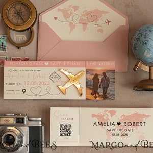 Auslandsreise Hochzeit Save the Dates Bordkarte Foto Speichern Sie unsere Datum Karten Gold Magnete Flugzeug personalisierbar Acryl Ziel Hochzeit