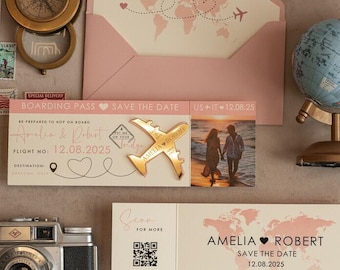 Viagem ao exterior Casamento Salve as datas Cartão de embarque Cartões de reserva de datas com fotos Ímãs de ouro Avião personalizado Acrílico destino casamento