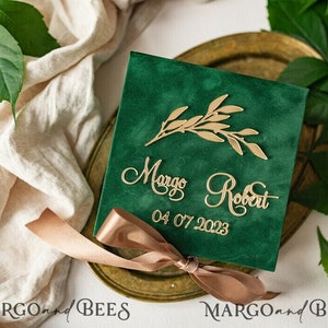 Green Golden velvet Wedding Ring Box for ceremony, Ring Box for Wedding Ceremony 3 rings velvet, Boho Glam Wedding Ring Boxes his hers
