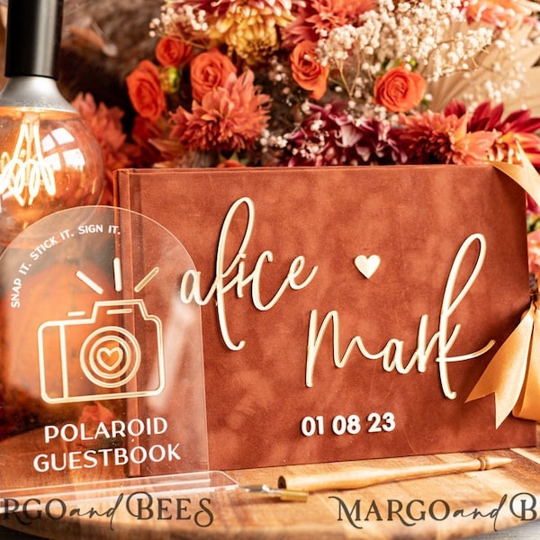 Fall Terracotta Gold Acrylic Wedding Guest Book Personalised and sign set, Velvet Rust Instant Photo Book Boho Elegant Instax Guestbook PxF