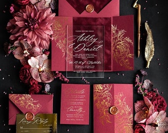 Burgundy Clear Acrylic Wedding Invitations, Luxury Velvet Wedding Invitation Suite, Elegant Gold Maroon Red Wedding Cards Indian wedding set