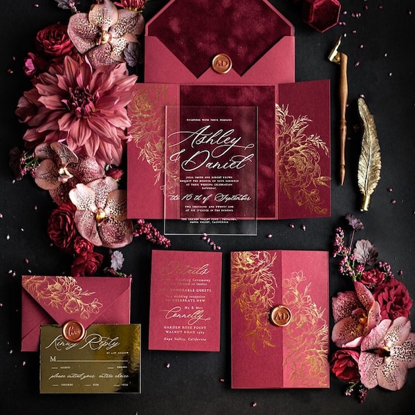 Burgundy Clear Acrylic Wedding Invitations, Luxury Velvet Wedding Invitation Suite, Elegant Gold Maroon Red Wedding Cards Indian wedding set