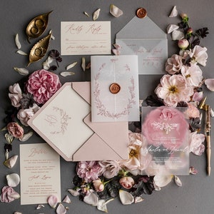 Elegant Romantic Blush Pink Wedding Invitations With Personalized Acrylic, Luxury Classy Wedding Invites With Floral Motif Suite