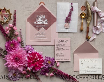 Heather Acrylic Wedding invitations set, Boho Blush Pink Fall Wedding Invitation Suite, Plexi Elegant Wedding Stationery Minimalistic