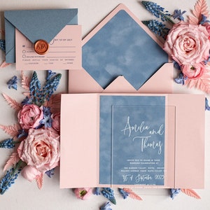 Acrylic blush pink wedding invitation set, Velvet dusty blue Wedding Invitations, Plexi  Velvet Invitation Suite, Ice Blue Wedding Cards