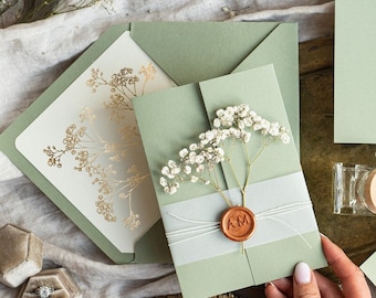 Elegant gold wedding inviation set, Natural baby breath flower wedding invitation suite Minimalistic golden sage green wedding set with rsvp