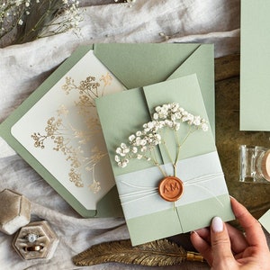 Elegant gold wedding inviation set, Natural baby breath flower wedding invitation suite Minimalistic golden sage green wedding set with rsvp image 1