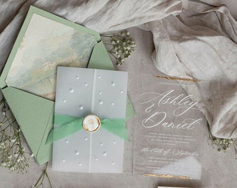 Sage green Gold Beaded Wedding Invitations Vellum Pearls Acrylic Invites wax seal golden plexi Invitation Suite Wedding Crads Set bespoke