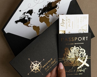 Invitation de mariage de voyage de passeport d'or, cartes de mariage à l'étranger, carte d'embarquement, invitations d'étiquette de billet d'avion, cartes de mariage noires de destination