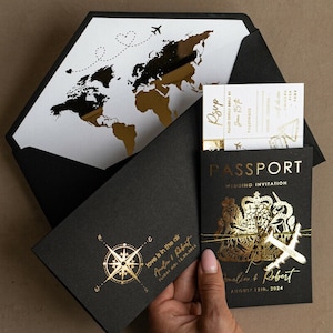 Gold Passport Travel Wedding Invitation, wedding abroad Cards Boarding Pass, Plane ticket Tag Invitations, Destination Black wedding cards