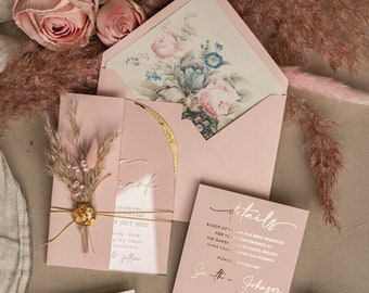 Arch Clear Gold Acrylic Wedding Invitations Blush Pink Plexi Glass Invites rsvp qr code Pocket Elegant Bespoke Wedding stationery Cards Set