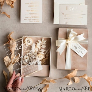 Beige Velvet wedding invitation box, Real Dried Flowers Wedding Invitation Suite, Gold Foil Boxed Wedding Stationery, Clear Boho acrylic Set