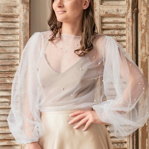 Beaded tulle Wedding bolero puff sleeve, Shrug Women Wedding Pearls, Bridal Coverup,  Blouse for Bride, Tulle Blouse, dress capalet
