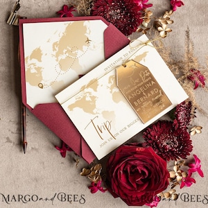 Maroon Travel Save the Date Acrylique Tag Aimant Carte Or Etiquette de bagage Mariage Save The Dates Aimants en acrylique Save our Date Cards destination