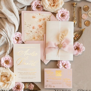 Bespoke Blush Pink Ivory Golden Wedding Invitation with rsvp, Garden Wild Flowers Wedding Invitation set Boho Invitation suite silk bow z25