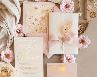 Bespoke Blush Pink Ivory Golden Wedding Invitation with rsvp, Garden Wild Flowers Wedding Invitation set Boho Invitation suite silk bow z25