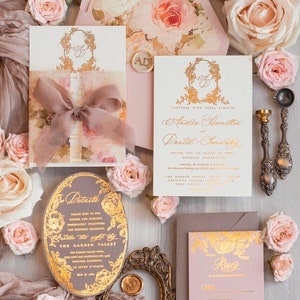 Vintage Baroque Wedding Invitation suite Beige Golden Wedding Invitations Victorian wedding crest Chinoiserie Invites Royal Ornamental frame