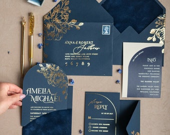 Velvet Wedding invitations  navy blue pocket, Elegant Arch Wedding Invitations, Gold Wedding Invitation Suite,  Luxury wedding Cards