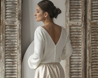 Bolero de boda blanquecino, encogimiento de hombros de boda de mujer de manga larga con botones de perlas, cubierta de suéter nupcial, blusa nupcial, encogimiento de hombros, suéter liso