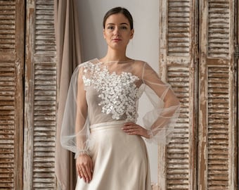 Boléro de mariage en dentelle ivoire à manches longues, Shrug Women Wedding, Bridal Backless Coverup, Ivoire Blouse pour la mariée, Bridal Lace Blouse, robe capalet