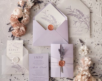 Elegant Wedding invitations romantic floral lavender stationery with twine and cover Suite of 20 psc