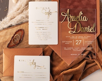 Gold Acrylic Wedding Invitations, Luxury Terracotta Wedding Invites Velvet, Elegant Acrylic Suite velvet Wedding Cards, Golden Stationery