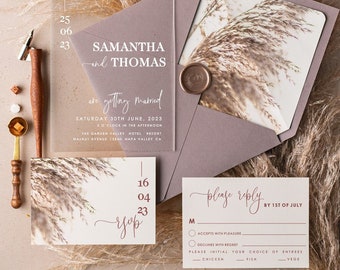 Elegant Taupe Acrylic Wedding Invitations, Luxury Pampass Grass  Wedding Invites Envelope, Romantic Acrylic Suite Acrylic Wedding Invites