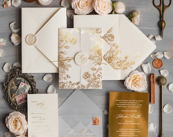 Elegant Gold Foil Wedding Invitations with Rsvp, Luxury Modern Golden Wedding Invites, Glamour Wedding Invitation Suite, Glam Wedding Cards