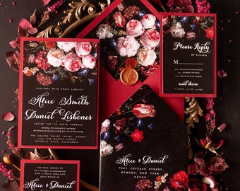 Burgundy Vintage Flowers Wedding Invitations black Maroon Wedding Invitation Suite, Elegant Maroon Red Wedding fine art wedding stationery