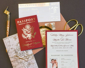 Maroon Gold Passport Wedding Invitation, Map Wedding Cards Boarding Pass, Burgundy Passport Cards Abroad, Destination Invites Set of 20