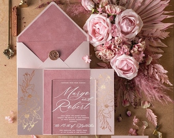 Verkauf Klare Acryl Blush Hochzeitseinladungen, Luxus Hochzeitseinladungsreihe, Elegante Rosa Blush Gold Hochzeitseinladungen Karten Mit Wachssiegel