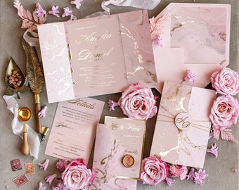 Marble Golden Wedding Invitation Set Blush Pink Luxury Wedding Invitation Suite Pink Elegant Gold Foil Wedding Cards Marble Pocket  Invites