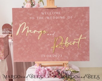 Blush Pink Samt & Gold Modernes Willkommensschild zur Hochzeit 3d Willkommensschild, Willkommen in unserer Hochzeit Schild, GoldenEr Empfang Beschilderung, BVpx2