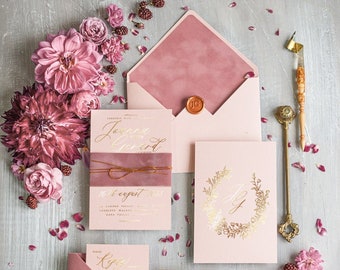 Luxury Romantic Floral Blush Wedding Invitations With Pink Velvet, Bespoke, Custom Pink Invites With Gold Foil And Twine Suite Of 20 Sets