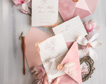 Blush Pink Fine Art Wedding Invitations, Deckled Golden Edge Wedding Invites, Elegant Wedding Invitation Suite Velvet Envelope Wedding Cards