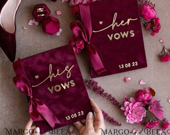 Livros de votos para noivos marrons, conjunto de dois livros de votos de casamento cor de vinho, livretos de votos de veludo Marsala, livros de votos para ele e para ela em espelho dourado, Mar
