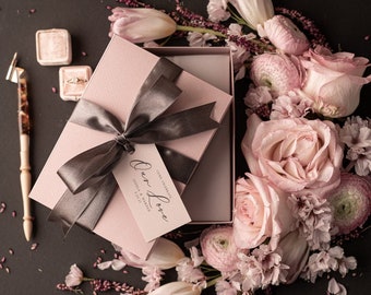 Pink Box With Ribbon Wedding Invites, Luxury Clear Acrylic Wedding Invitation Suite, Blush Pink Wedding Boxes, Heather Invites