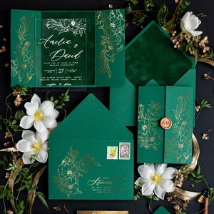Emerald Green Gold wedding invitations, Glamour Acrylic Wedding Invitations, Emerald Green Wedding Invitation Suite, Luxury Wedding Cards