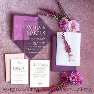 Heather Acrylic Wedding invitations set, Boho Plum Fall Wedding Invitation Suite, Plexi Elegant bohemian Wedding Stationery Minimalistic