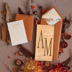 Ensemble de faire-part de mariage acrylique glacé en terre cuite, doré, luxe automne, doré, invitations élégantes rouille, faire-part de mariage orange brûlé
