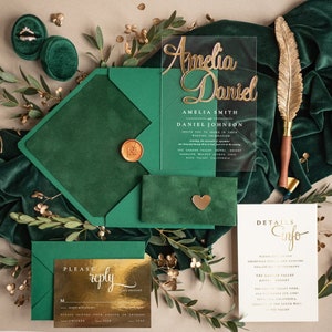 Invitations de mariage Greenery Gold, Invitations de mariage en acrylique Glamour, Suite d'invitations de mariage vert émeraude scintillante, Cartes de mariage de luxe