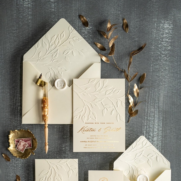 Elegant Golden Letterpress Wedding Invitations Set, Glamour Wedding Invites & Envelope suite, Modern Wedding Cards Suite, Embossed