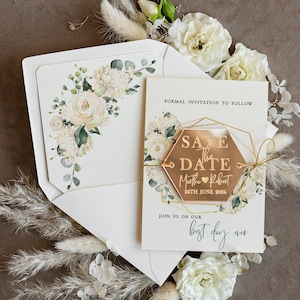Personalised Gold Acrylic heart Save the Date Magnet and Card Wedding Save The Dates Plexi Magnets Wedding Boho golden Save The Date Cards