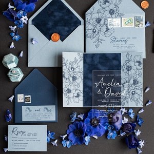 Acrylic blush pink wedding invitation set, Velvet dusty blue Wedding Invitations, Plexi  Velvet Invitation Suite, Ice Blue Wedding Cards