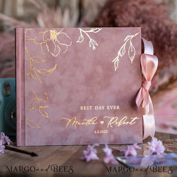 Blush Pink Golden Instax velvet Wedding GuestBook Gold, Large Instant Wedding Guest Book Pink Polaroid velvet Guestbook, PhotoBook Instax