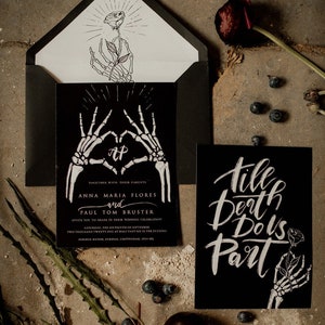 Halloween Wedding Invitations Suite, Black Invitations, Spooky Halloween Invites Gothic Wedding Invitation Cards, Skeleton Wedding Set black, halloween wedding suite till death do us part