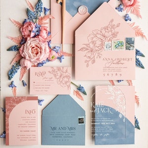 Elegant Arch Acrylic Wedding Invitations, Velvet Pocket Light blue Modern Wedding Cards, blush pink ice blue, Plexi Wedding Invitation Suite