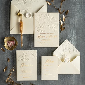 Elegant Gold Foil Wedding Invitations, Embossed Modern Ivory Wedding Invites, Romantic Glamour Wedding Invitation Suite, Glam Wedding Cards